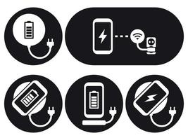 Wireless charging for smartphone icons set. White on a black background vector