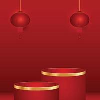 Red podium and golden line with chinese lantern on red background vector