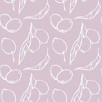 Hand drawn vector seamless patten with outline olive berries and leaves on purple background