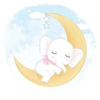 Cute Elephant sleeping on the moon watercolor background vector