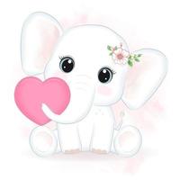 lindo elefante pequeño y corazón dibujado a mano ilustración vector