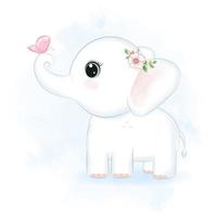 Cute little Elephant and butterfly hand drawn illustration vector
