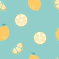 patrón de repetición de fruta de rodaja de limón tropical dibujado a mano sin costuras, en diseño de ilustración de vector plano de fondo azul