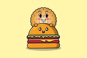 lindo personaje de dibujos animados de galletas escondido en hamburguesa vector