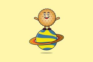 lindo personaje de dibujos animados de galletas de pie en el planeta vector