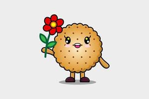 lindo personaje de dibujos animados de galletas con flor roja vector