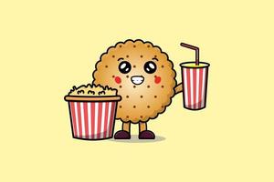 Cute cartoon Cookies with popcorn and drink vector