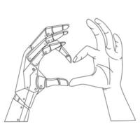 El brazo robótico biónico y el brazo humano muestran el dibujo de arte de línea del corazón juntos para el logotipo, el emblema, la plantilla de impresión de afiches.tecnología futura e ilustración vectorial de inteligencia artificial.mano robótica y mano humana vector