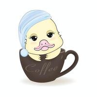 pequeño pato lindo en la ilustración de dibujos animados de la taza de café vector