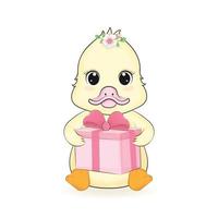 Cute Little Duck with gift box cartoon illustration vector