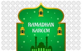 ramadan kareem illustration with mosque and lantern on green color background vector