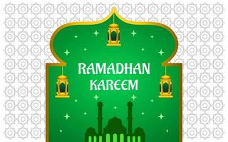 ramadan kareem illustration with mosque and lantern on green color background vector