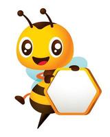 Cartoon cute smiling honey bee pointing finger on empty honeycomb shaped signboard vector character illustration