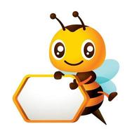 Cartoon cute happy bee thumb up and holding empty honeycomb shape signboard with yellow frame. Honeybee vector character