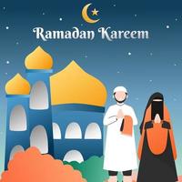 Ramadan kareem illustration with mosque and muslim couple vector