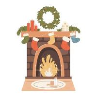 Decorated Christmas fireplace. Vector illustration
