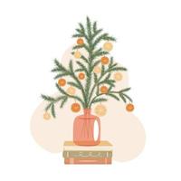 Spruce branches in a glass vase decorated with oranges and lemon slices. Vector illustration