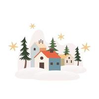 Winter scene landscape with cute houses. Vector illustration