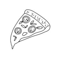 Pizza slice with melted cheese and tomatoes. Hand drawn doodle sketch. Vector outline illustration isolated on white.