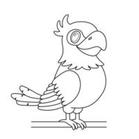 línea pájaro loro sentado en la rama. esquema de dibujos animados lindo personaje aislado en blanco para colorear libro vector