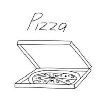 Pizza in box doodle illustration. Vector outline sketch isolated on white