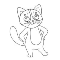 Vector illustration character cat. Outline funny cartoon kitty waving hand. Line sketch animal for coloring book isolated on white
