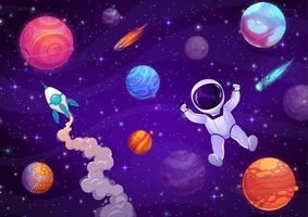 Cartoon astronaut in outer space, galaxy landscape vector