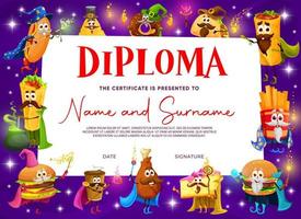 Kids diploma fast food cartoon wizard and mages vector