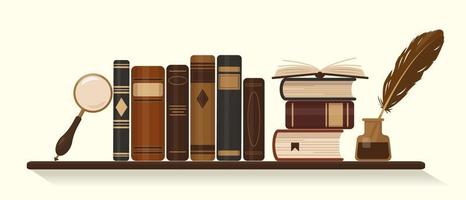 Bookshelf with old or historical brown books, inkwell with goose feather and magnifier. Vector illustration.
