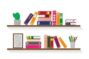 Two wooden shelves with books, plant, stationery and a photo frame on white background. Vector illustration.