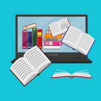 Flat vector illustration of online reading, learning or education concept. Stack of books and flying books with computer on blue background.