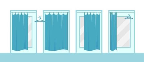 Cabins for trying on clothes in shopping mall. Fittings rooms with blue open and closed curtains and mirrors inside. Vector illustration on white background.