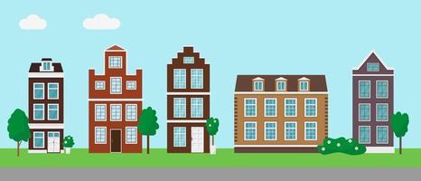 Old town street with different houses. Set of old style houses with trees on city background. Vector illustration.