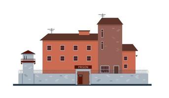 Prison building exterior. Jail and prison fasade with tower and fence, architecture outdoor front view. Vector illustrations isolated on white background.