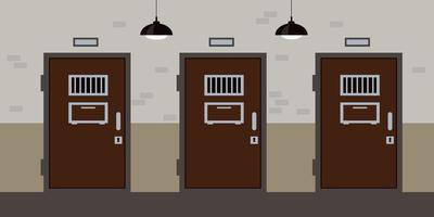 Prison corridor with cell doors and windows. Jail interior concept. Vector illustration.