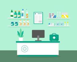 interior de farmacia. estantes con medicamentos, jeringas, termómetros y lugar de trabajo de farmacéuticos. ilustración vectorial vector