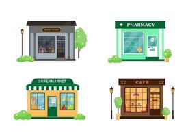 Set of city buildings. Book store, cafe, pharmacy and supermarket exterior. Vector illustrations isolatad on white background.