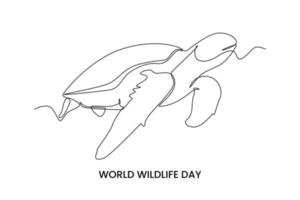 Continuous one line drawing a turtle. World wild life concept. Single line draw design vector graphic illustration.