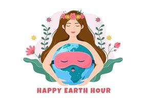 Happy Earth Hour Day Illustration with Lightbulb, World Map and Time to Turn Off in Flat Sleep Cartoon Hand Drawn Landing Page Templates vector