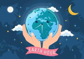 Happy Earth Hour Day Illustration with Lightbulb, World Map and Time to Turn Off in Flat Sleep Cartoon Hand Drawn Landing Page Templates vector