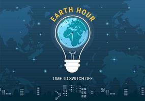 Happy Earth Hour Day Illustration with Lightbulb, World Map and Time to Turn Off in Flat Sleep Cartoon Hand Drawn Landing Page Templates vector