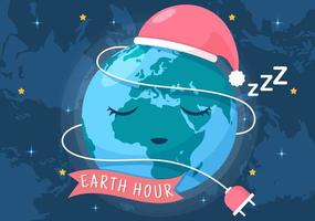 Happy Earth Hour Day Illustration with Lightbulb, World Map and Time to Turn Off in Flat Sleep Cartoon Hand Drawn Landing Page Templates vector