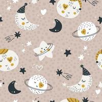 Nursery seamless pattern with planets and stars. Vector background with cute baby shower elements in simple hand-drawn Scandinavian cartoon doodle style. Limited pastel palette for printing