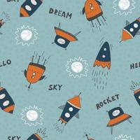 Seamless childish cosmic pattern with cute rockets, lettering and stars in space. Repeating texture doodle style universe. Colored flat vector illustration of cosmos background.