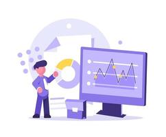 Tiny Business Characters Team Analysing Data and Research Financial Monitoring Report on Huge Dashboard. Finance Investment Performance Results vector