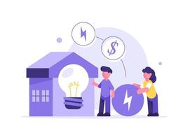conjunto de ilustraciones de sostenibilidad, desconecte los electrodomésticos y use bombillas de bajo consumo, los personajes reducen el consumo de energía en el hogar vector