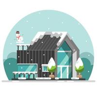 diseño plano de casa negra moderna en invierno con muñeco de nieve y nevadas vector