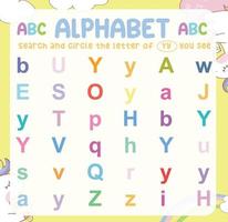 Search and circle the uppercase and lowercase letter on the worksheet. Exercise for children to recognize the alphabet. Educational sheet for preschool. Vector file.