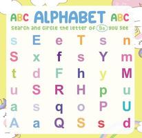 Search and circle the uppercase and lowercase letter on the worksheet. Exercise for children to recognize the alphabet. Educational sheet for preschool. Vector file.