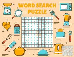 Kitchenware and utensil word search puzzle game vector